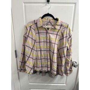 Free People We The Free Plaid Frayed Hem Button Down Shirt Yellow Grey XS
